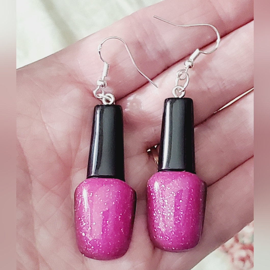 Earrings 925 Sterling Hooks Resin Acrylic Nail Polish Hot Pink Sparkly 20$